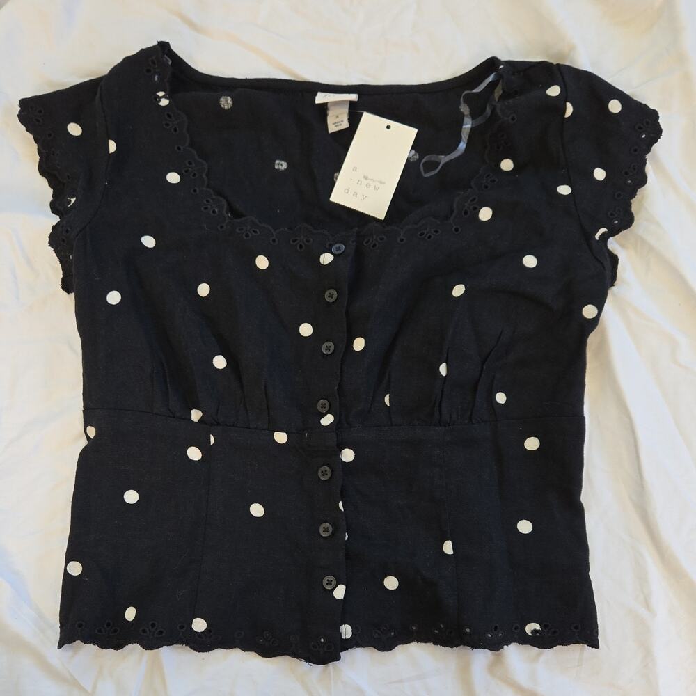 #40 A New Day Women's Black White Polka Dot Button Front Square Neck Blouse S